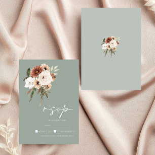 Rustic Sage Green and Peach Script Wedding RSVP Card