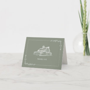 Rustic Sage Green Barn Farm Wedding Letterpress Thank You Card