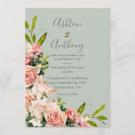 Rustic Sage Green Blush Floral Vintage Wedding Invitation