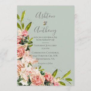 Rustic Sage Green Blush Floral Vintage Wedding Invitation
