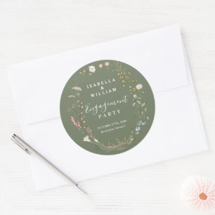 Rustic Sage Green Boho Wildflower Engagement Party Classic Round Sticker