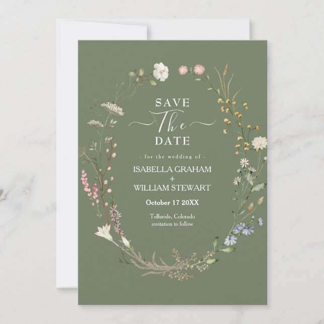 Rustic Sage Green Boho Wildflower Save The Date Invitation (Front)