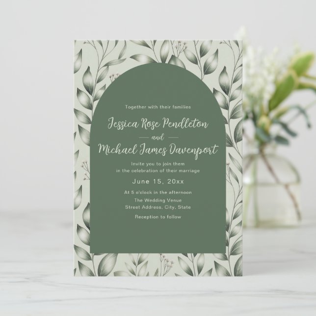 Rustic Sage Green Botanical Arch Photo Wedding Invitation (Standing Front)