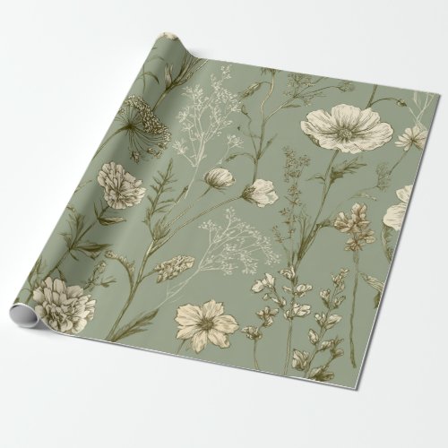 Rustic Sage Green Botanical Bold Vintage Floral Wrapping Paper