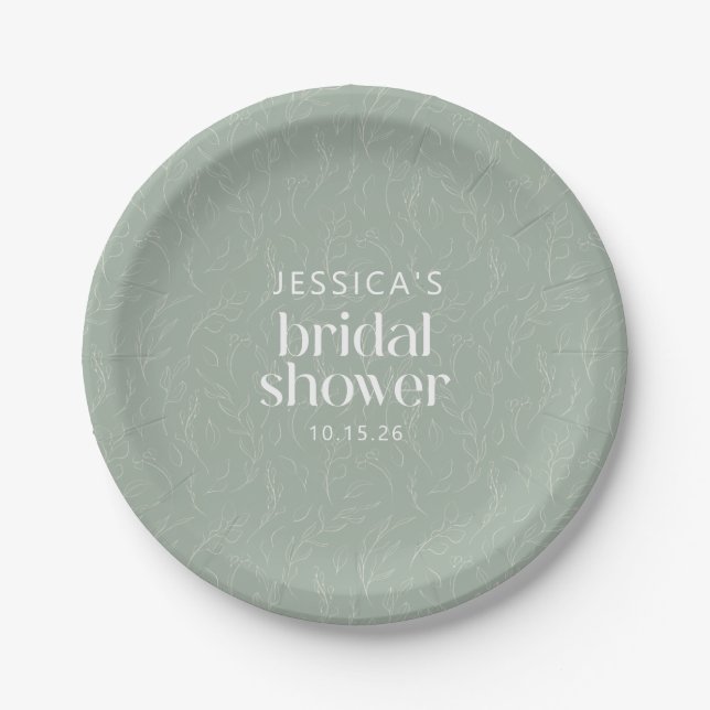 Rustic Sage Green Botanical Floral Bridal Shower  Paper Plates (Front)