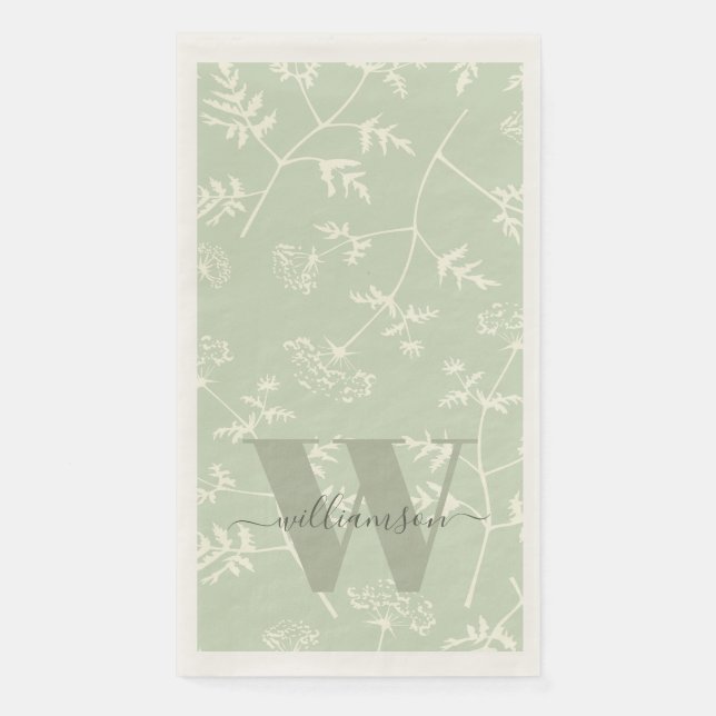 Rustic Sage Green Botanical Floral Monogrammed  Paper Guest Towels (Front)