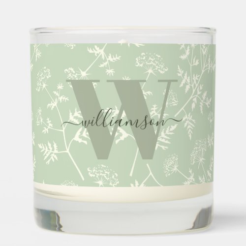 Rustic Sage Green Botanical Floral Monogrammed  Scented Candle