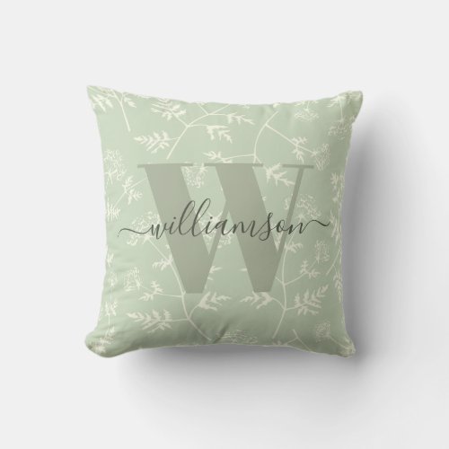 Rustic Sage Green Botanical Floral Monogrammed Throw Pillow