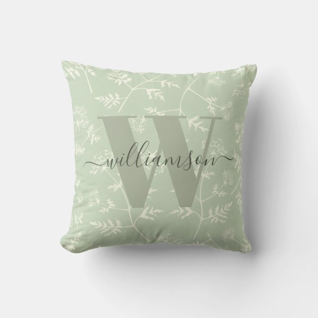 Rustic Sage Green Botanical Floral Monogrammed Throw Pillow (Front)
