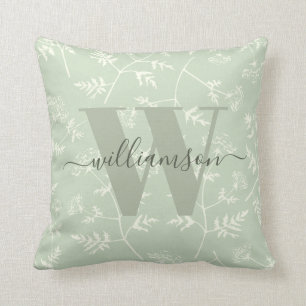 Rustic Sage Green Botanical Floral Monogrammed Throw Pillow