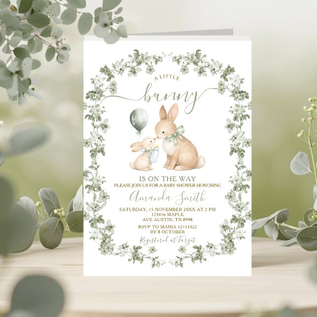 Rustic Sage Green Bunny Baby Shower Invitation (Creator Uploaded)