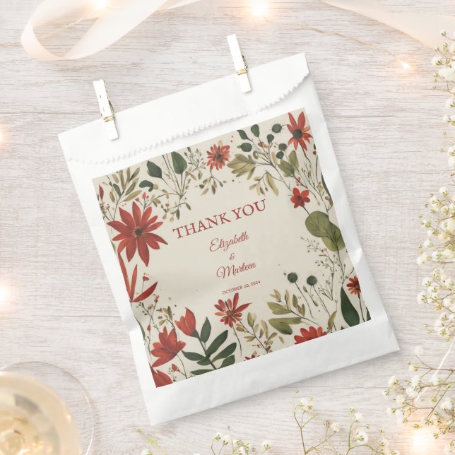 Rustic Sage Green & Burgundy Red Floral Autumn Favor Bag (Clipped)