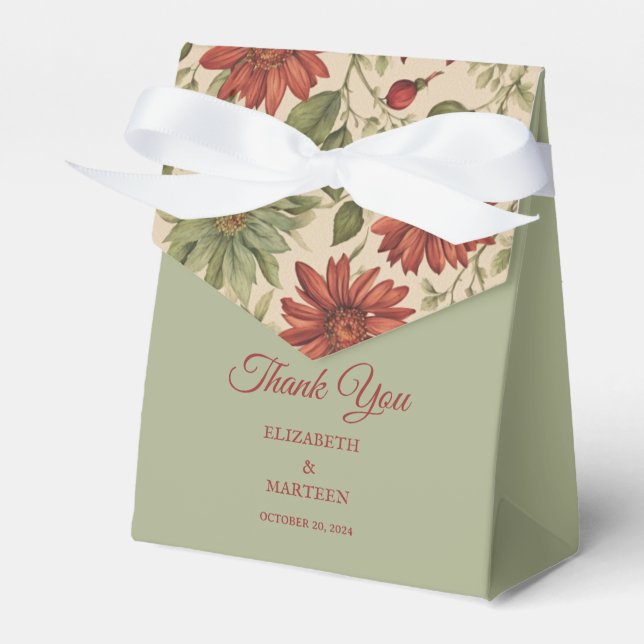 Rustic Sage Green & Burgundy Red Floral Autumn Favor Boxes (Front Side)