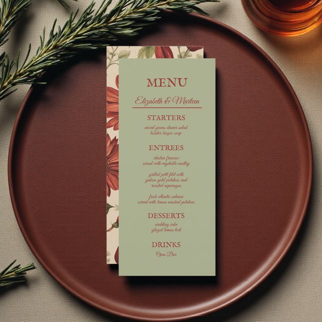 Rustic Sage Green & Burgundy Red Floral Autumn  Menu (Creator Uploaded)
