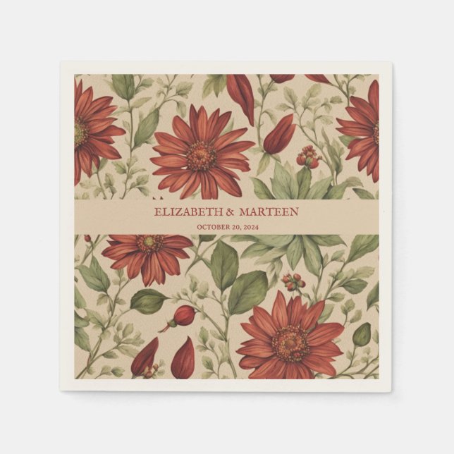 Rustic Sage Green & Burgundy Red Floral Autumn Napkins (Front)