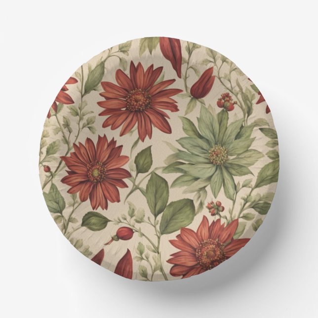 Rustic Sage Green & Burgundy Red Floral Autumn Paper Bowls (Front)