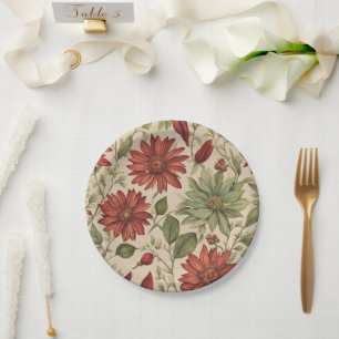 Rustic Sage Green & Burgundy Red Floral Autumn Paper Plates