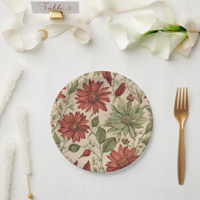 Rustic Sage Green & Burgundy Red Floral Autumn Paper Plates (Wedding)