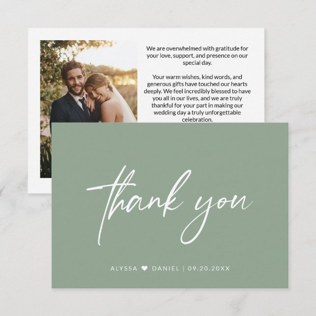 Rustic Sage Green casual Script wedding photo Thank You Card (Front/Back)