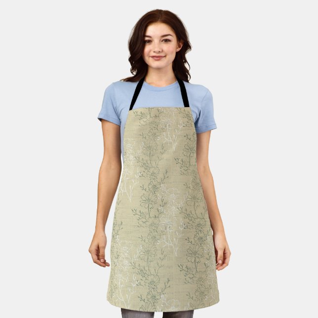 Rustic Sage Green Daisies on beige background Apron (Worn)