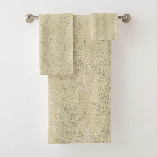  Rustic Sage Green Daisies on beige background Bath Towel Set (Insitu)