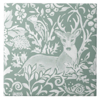 Rustic Sage Green Deer Woodland Hedgehog Bird Ceramic Tile