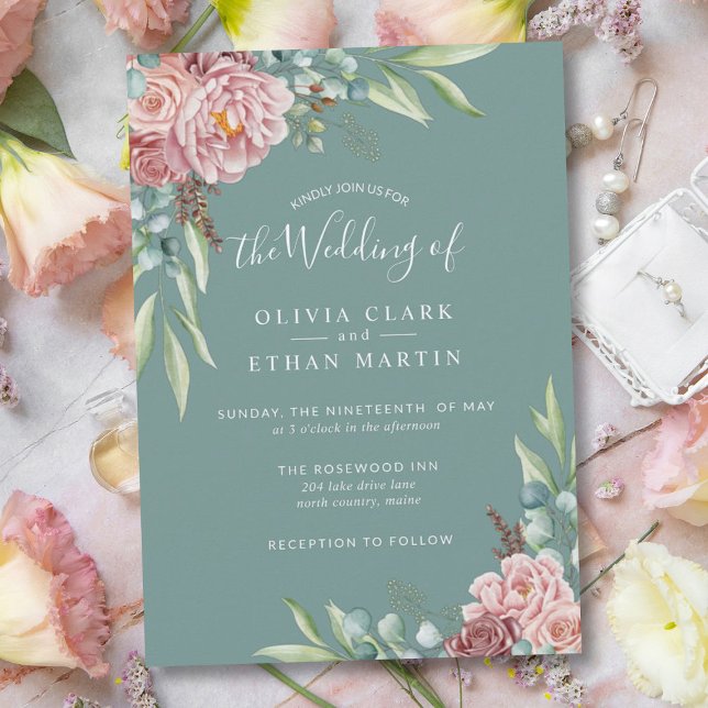 Rustic Sage Green Dusty Rose Boho Floral Invitation (Creator Uploaded)