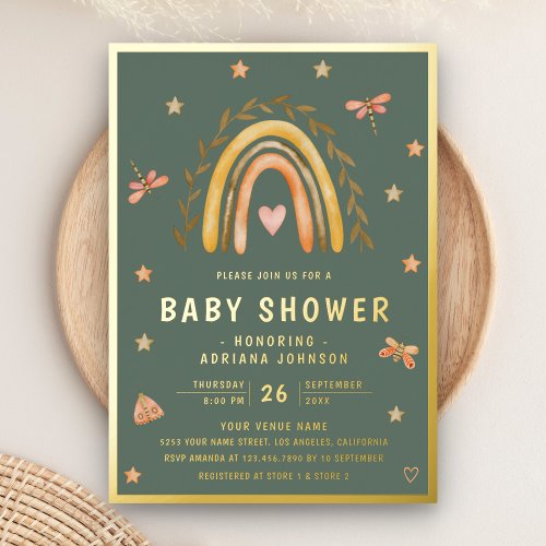 Rustic Sage Green Earthy Rainbow Baby Shower Gold Foil Invitation