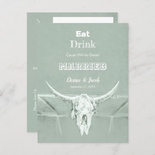 Rustic Sage Green Eat Drink Married Bull Skull Announcement Postcard