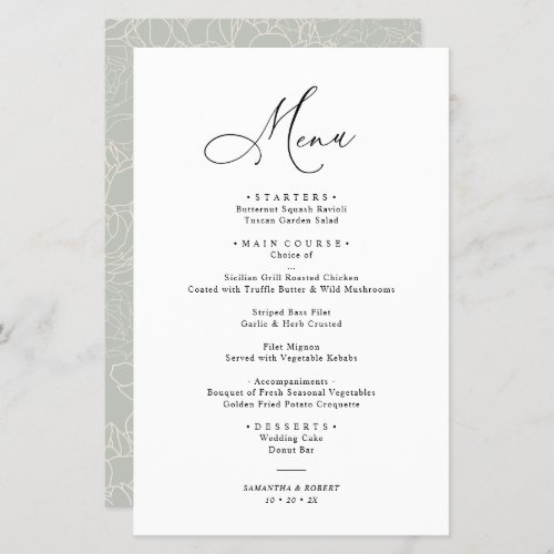 Rustic Sage Green Elegant Wedding Menu - Designed to coordinate with our Stylish Script wedding collection, this customizable Menu card, features a sweeping script calligraphy text paired with a classy serif font in black with a customizable monogram on the back. Matching items available.