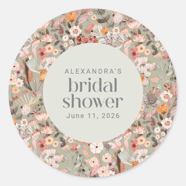 Rustic Sage Green Floral Boho Bridal Shower Custom Classic Round Sticker (Front)