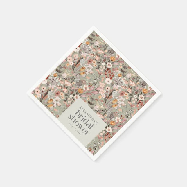 Rustic Sage Green Floral Boho Bridal Shower Custom Napkins (Corner)