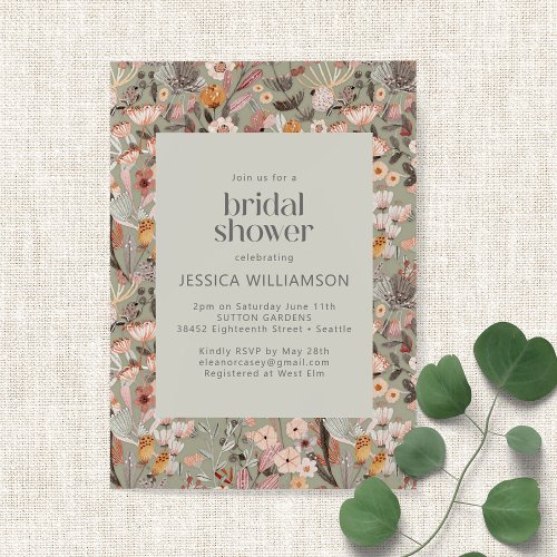 Rustic Sage Green Floral Boho Bridal Shower Invitation