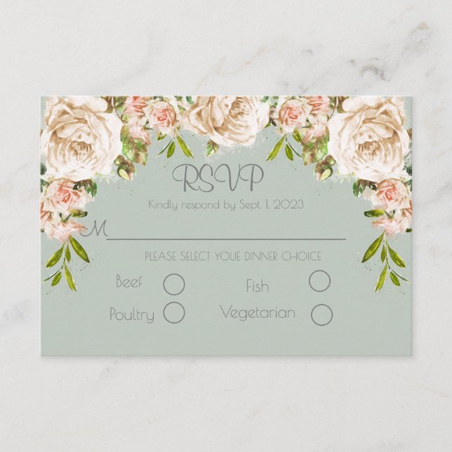 Rustic Sage Green Floral Elegant Script Wedding RSVP Card (Front)