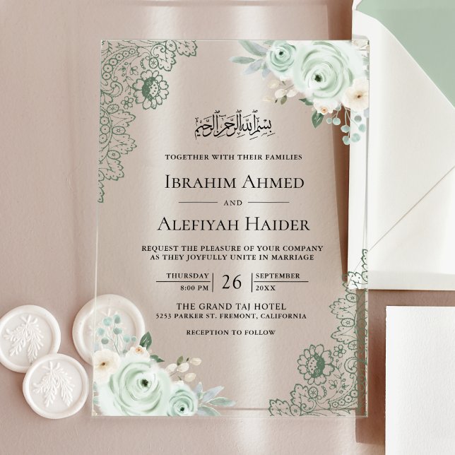 Rustic Sage Green Floral Lace Muslim Wedding Acrylic Invitations (Creator Uploaded)