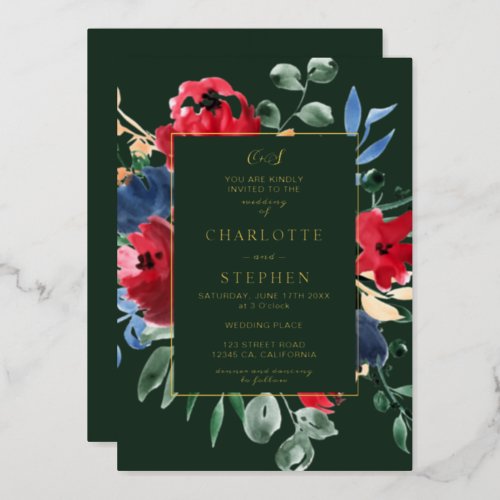 Rustic sage green floral watercolor gold wedding foil invitation