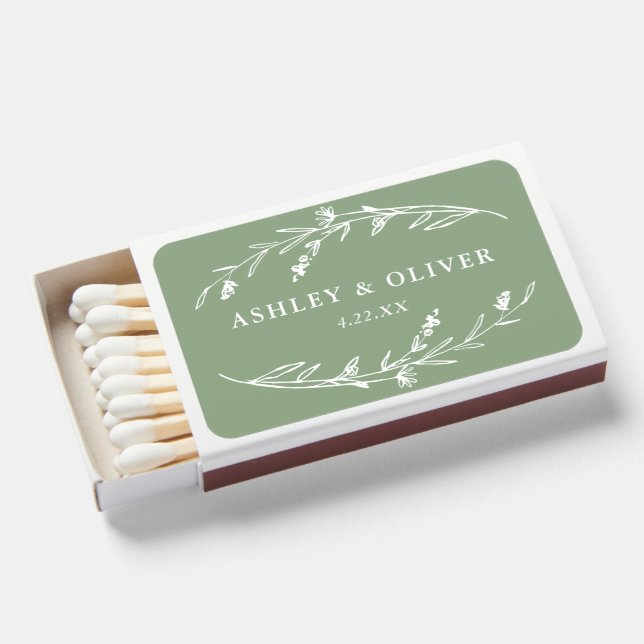 Rustic Sage Green Floral Wildflower Wedding Favor Matchboxes (Front Open)
