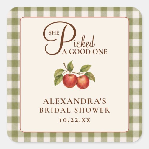 Rustic Sage Green Gingham Apple Bridal Shower Square Sticker