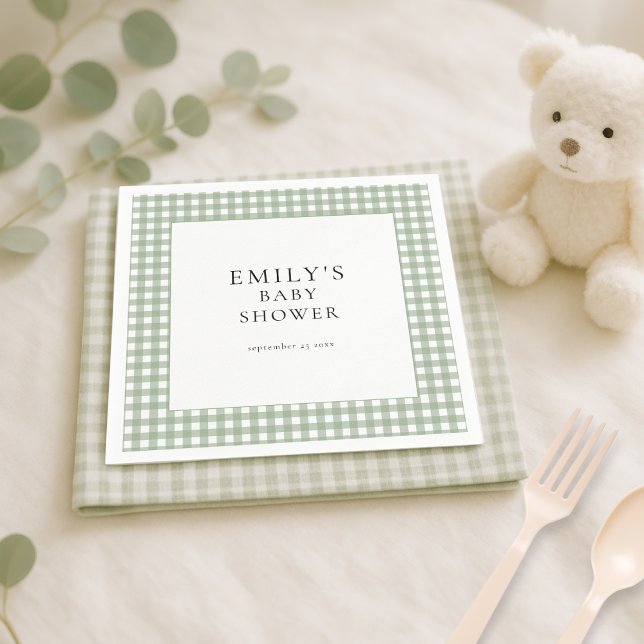 Rustic Sage Green Gingham Baby Shower Napkins (Creator Uploaded)