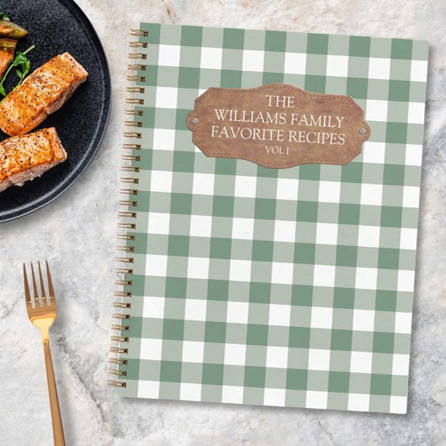 Rustic Sage Green Gingham Farmhouse Family Recipe Notebook (In situ)