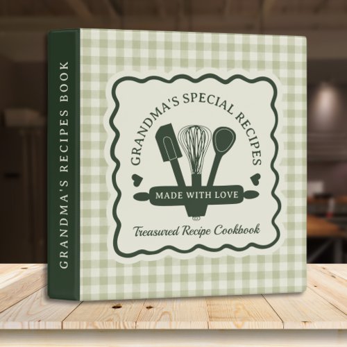 Rustic Sage Green Gingham Grandmas Recipe Cookbook 3 Ring Binder