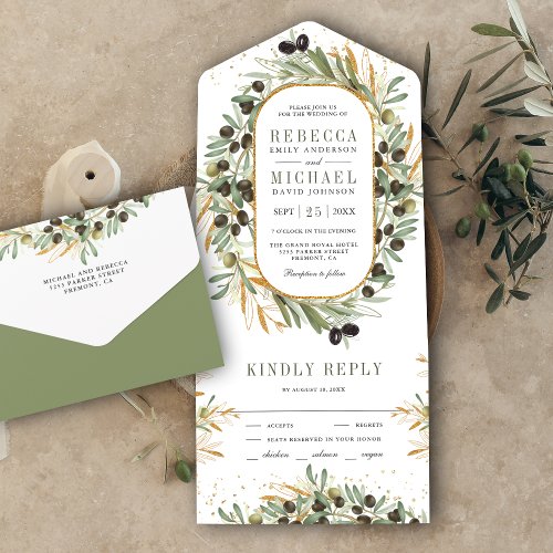 Rustic Sage Green Gold Olive Leaves Wedding All In One Invitation