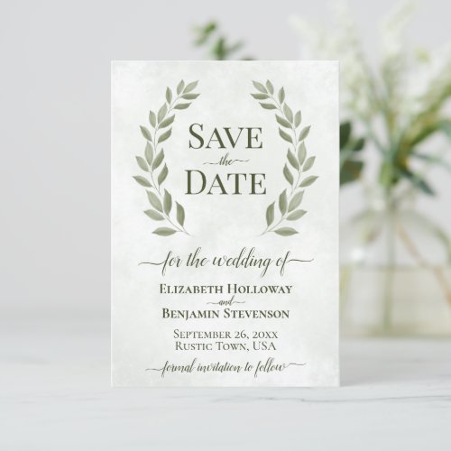 Rustic Sage Green Laurel Leaves Elegant Wedding Save The Date