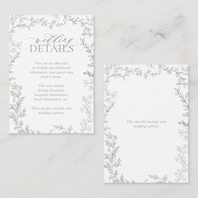 Rustic Sage Green Leafy Wedding Details Enclosure  Card (Front/Back)