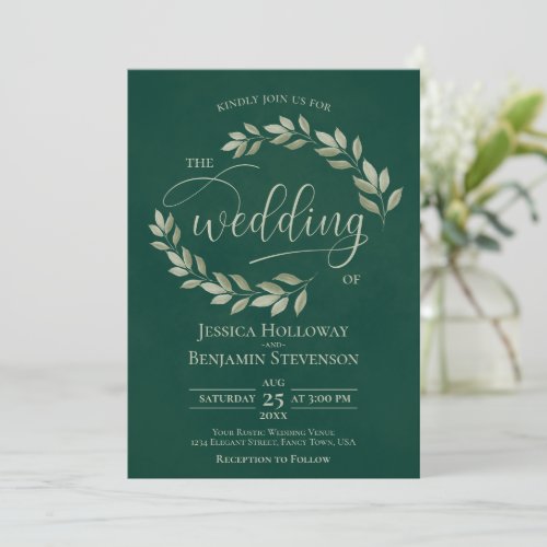 Rustic Sage Green Leaves Emerald Green Wedding Invitation