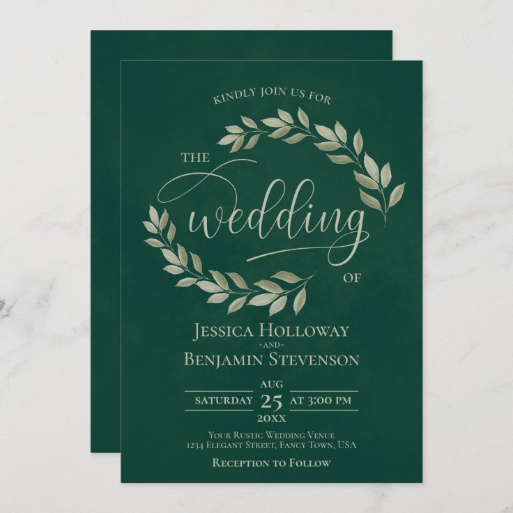 Rustic Sage Green Leaves Emerald Green Wedding Invitation | Zazzle