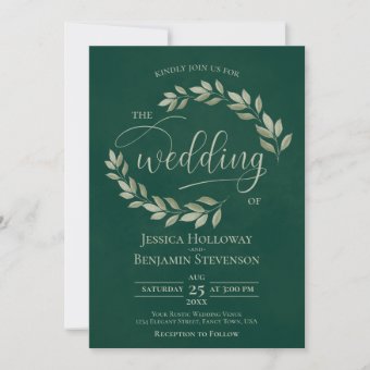 Rustic Sage Green Leaves Emerald Green Wedding Invitation | Zazzle