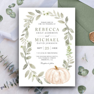 Rustic Sage Green Leaves White Pumpkin Wedding Invitation