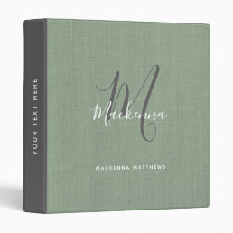 Rustic Sage Green Modern Monogram Script Linen 3 Ring Binder