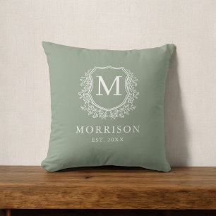 Rustic Sage Green Monogram Crest Initial Throw Pillow